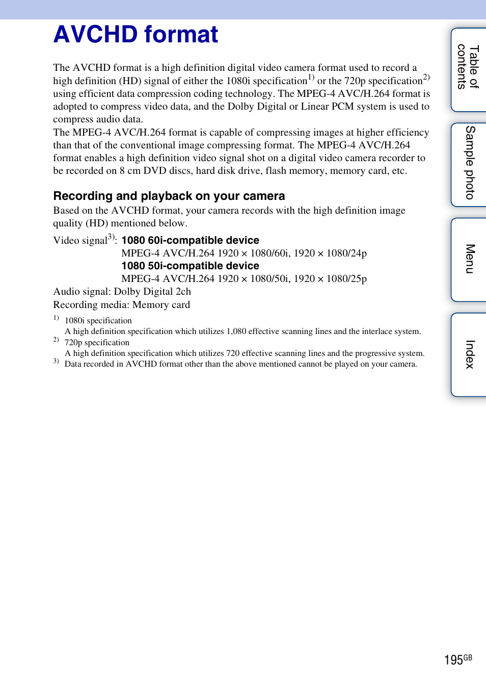 Avchd format | Sony NEX-5NK User Manual | Page 195 / 200
