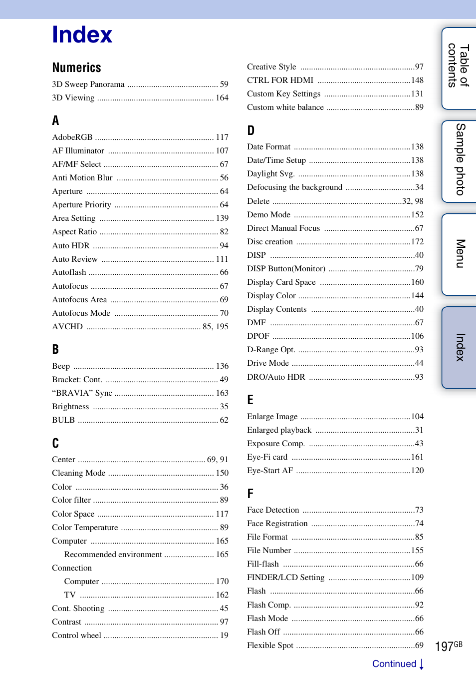 Index, Numerics | Sony NEX-5NK User Manual | Page 197 / 200