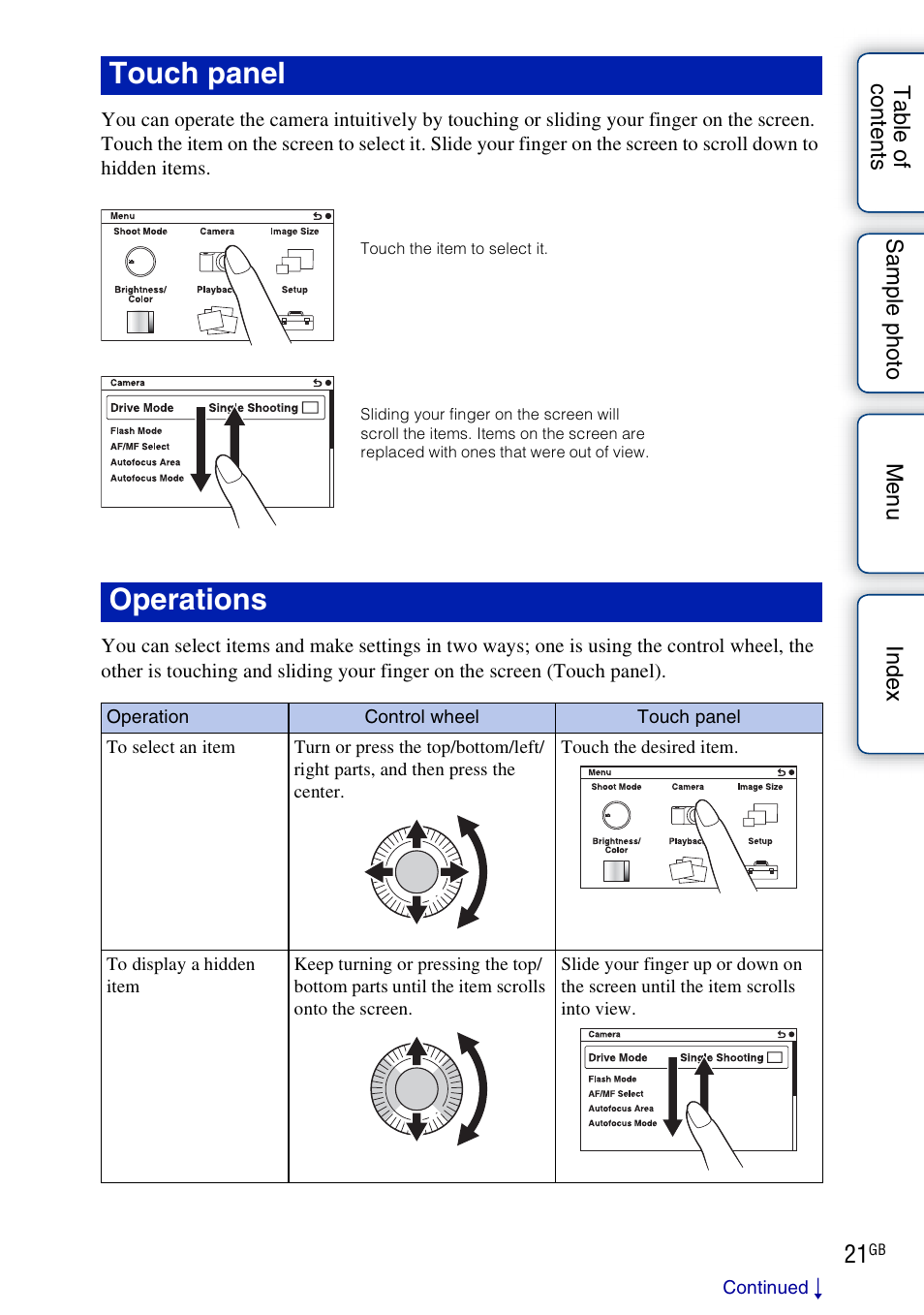 Touch panel operations | Sony NEX-5NK User Manual | Page 21 / 200