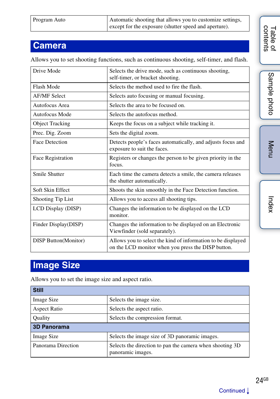 Camera, Image size | Sony NEX-5NK User Manual | Page 24 / 200