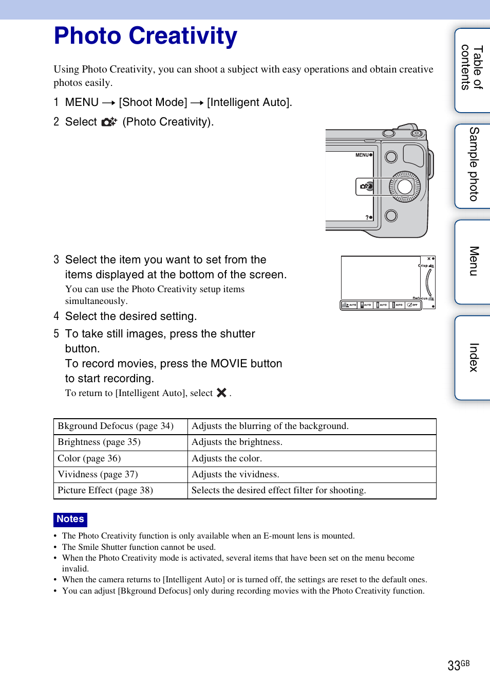 Photo creativity, Using the photo creativity function | Sony NEX-5NK User Manual | Page 33 / 200