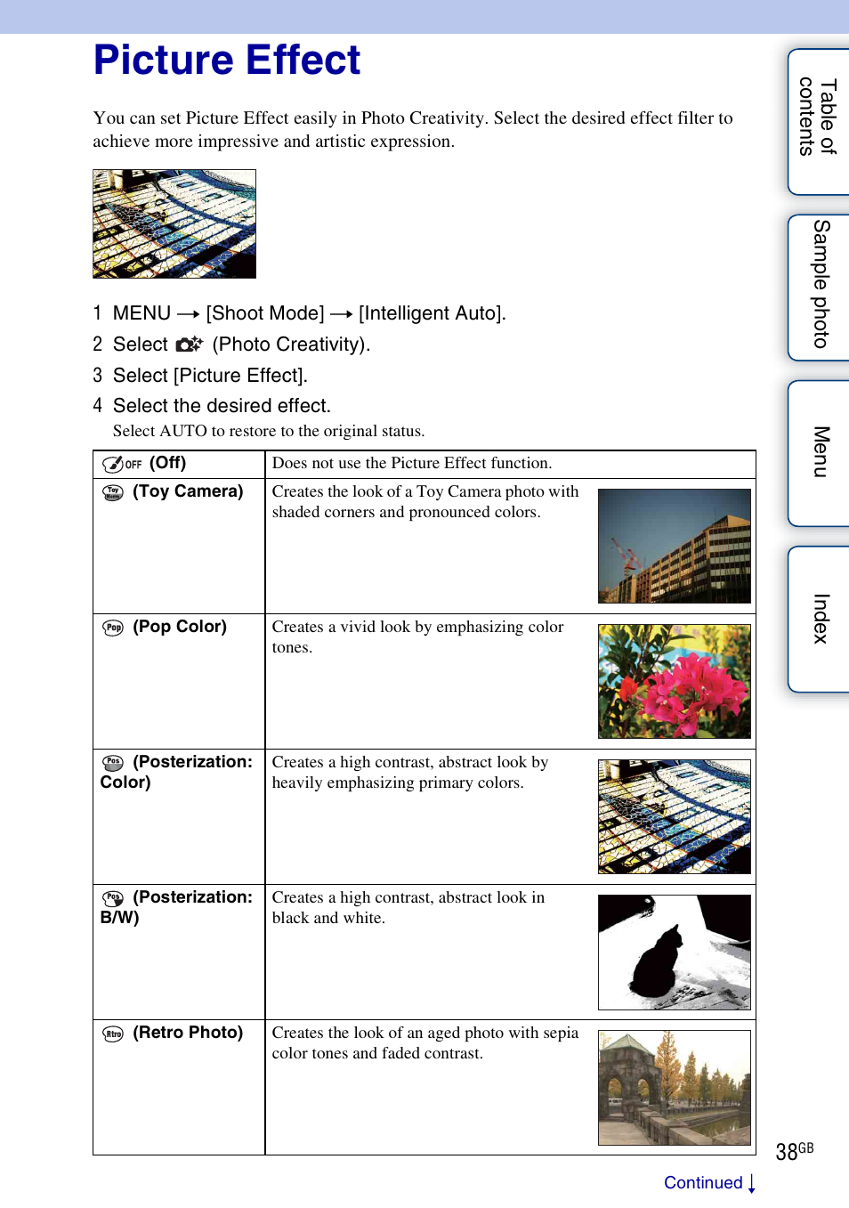 Picture effect | Sony NEX-5NK User Manual | Page 38 / 200