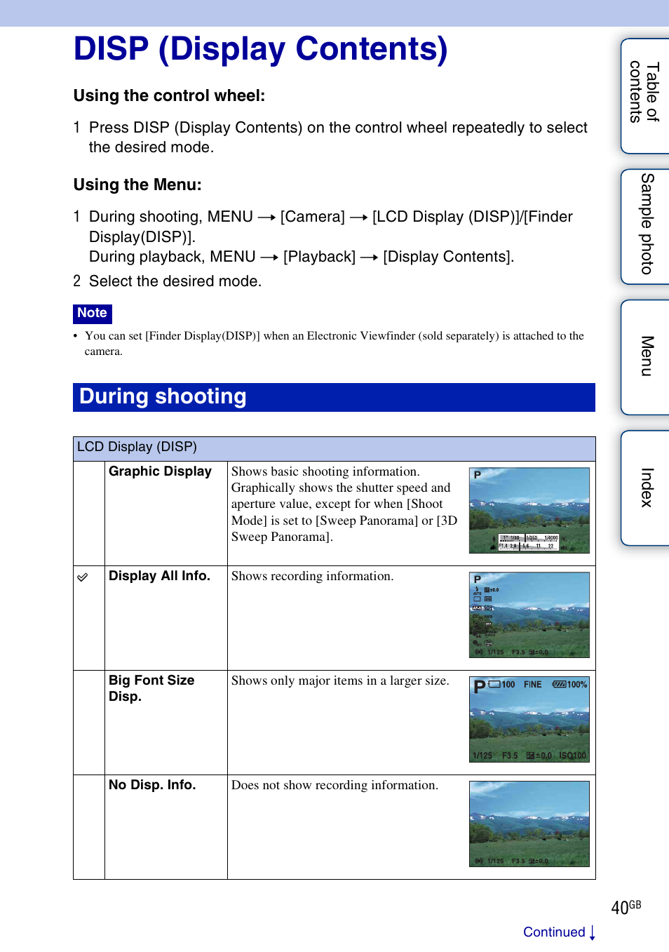 Disp (display contents), Using functions with the control wheel, Lcd display (disp) | During shooting | Sony NEX-5NK User Manual | Page 40 / 200