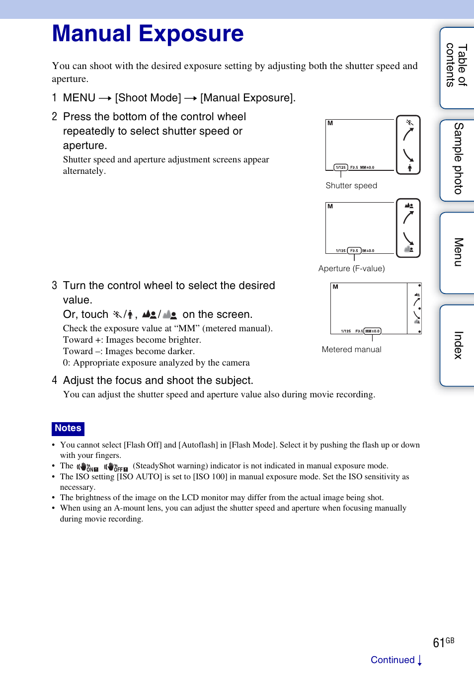 Manual exposure | Sony NEX-5NK User Manual | Page 61 / 200