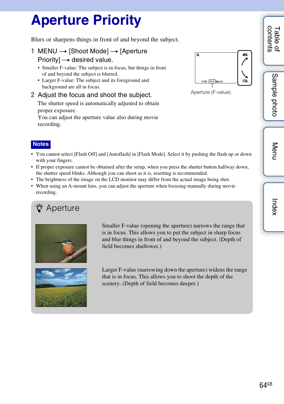 Aperture priority, Aperture | Sony NEX-5NK User Manual | Page 64 / 200
