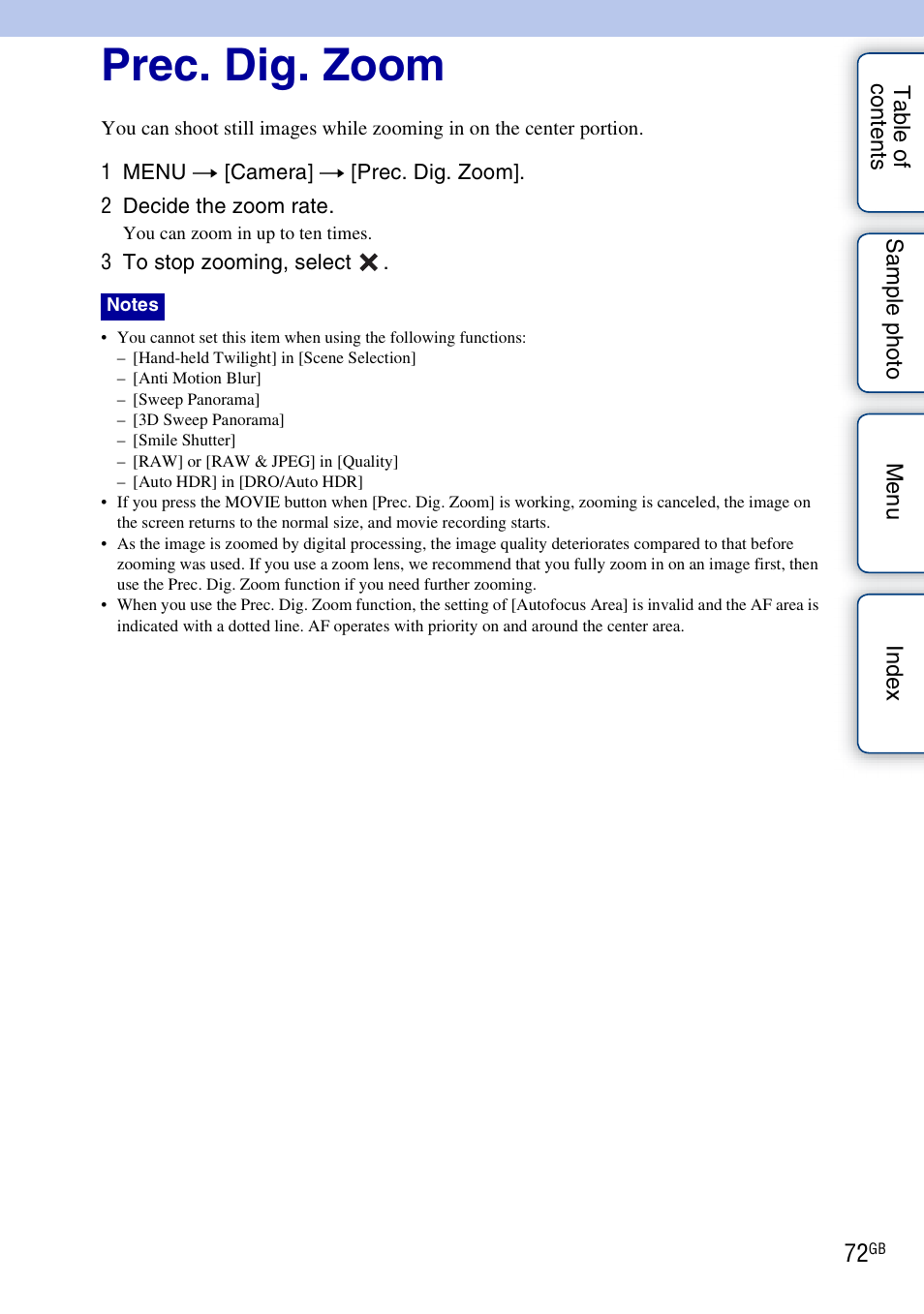 Prec. dig. zoom | Sony NEX-5NK User Manual | Page 72 / 200