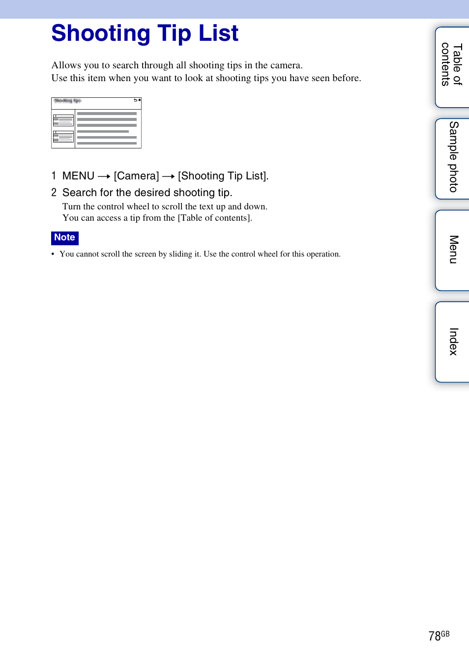 Shooting tip list | Sony NEX-5NK User Manual | Page 78 / 200
