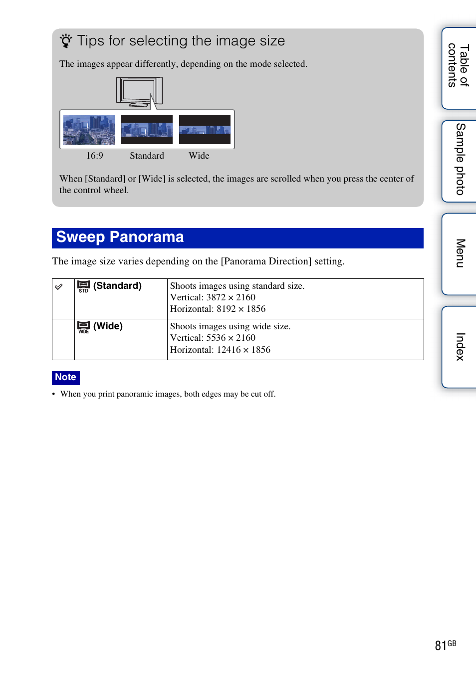 Sweep panorama, Tips for selecting the image size | Sony NEX-5NK User Manual | Page 81 / 200