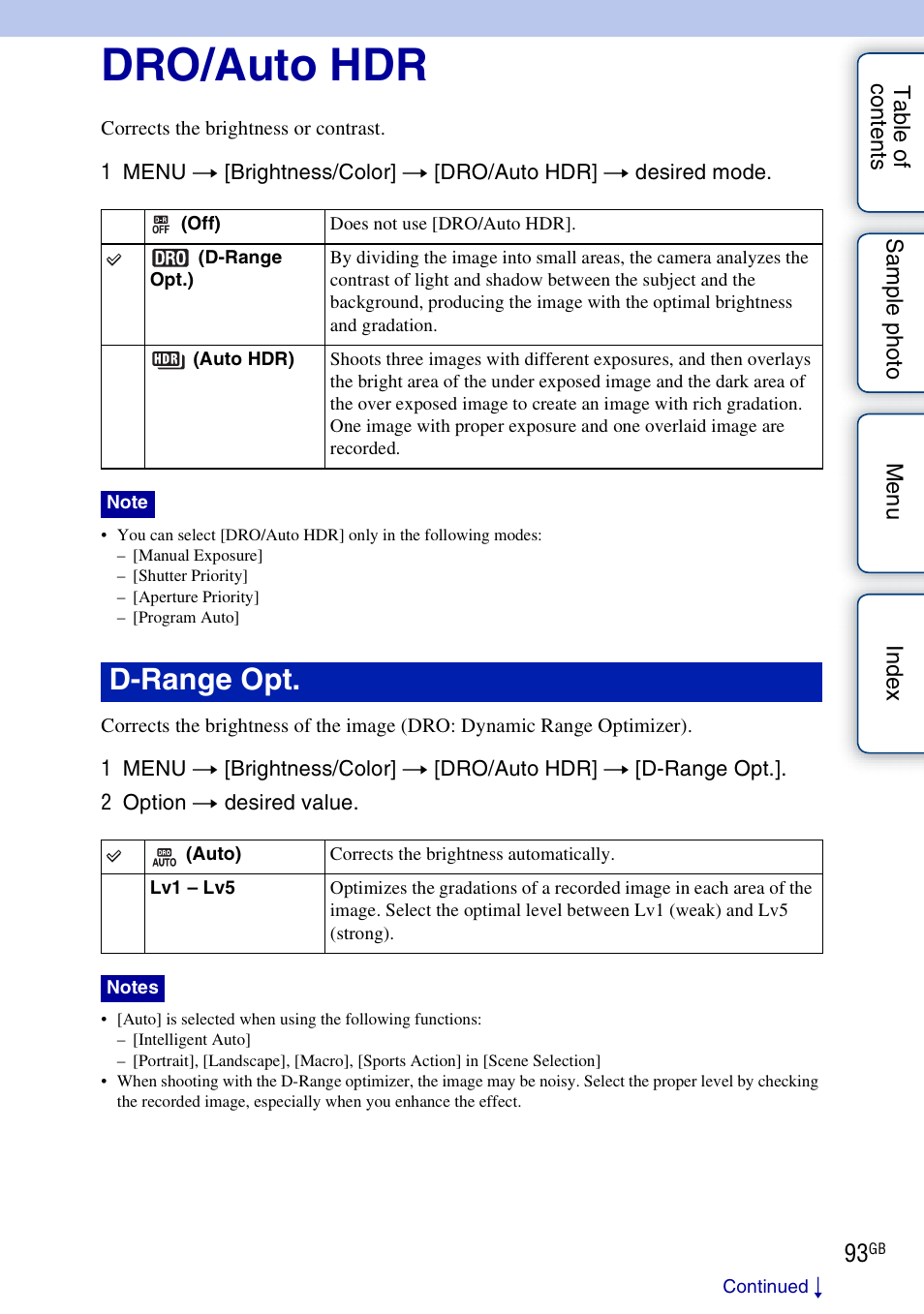 Dro/auto hdr, D-range opt | Sony NEX-5NK User Manual | Page 93 / 200