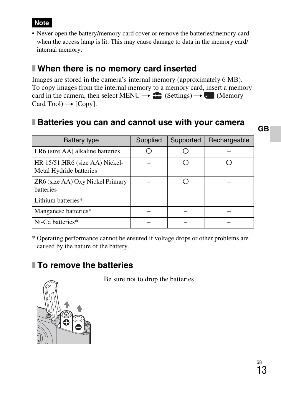 Xbatteries you can and cannot use with your camera, Xto remove the batteries | Sony DSC-S2100 User Manual | Page 13 / 52
