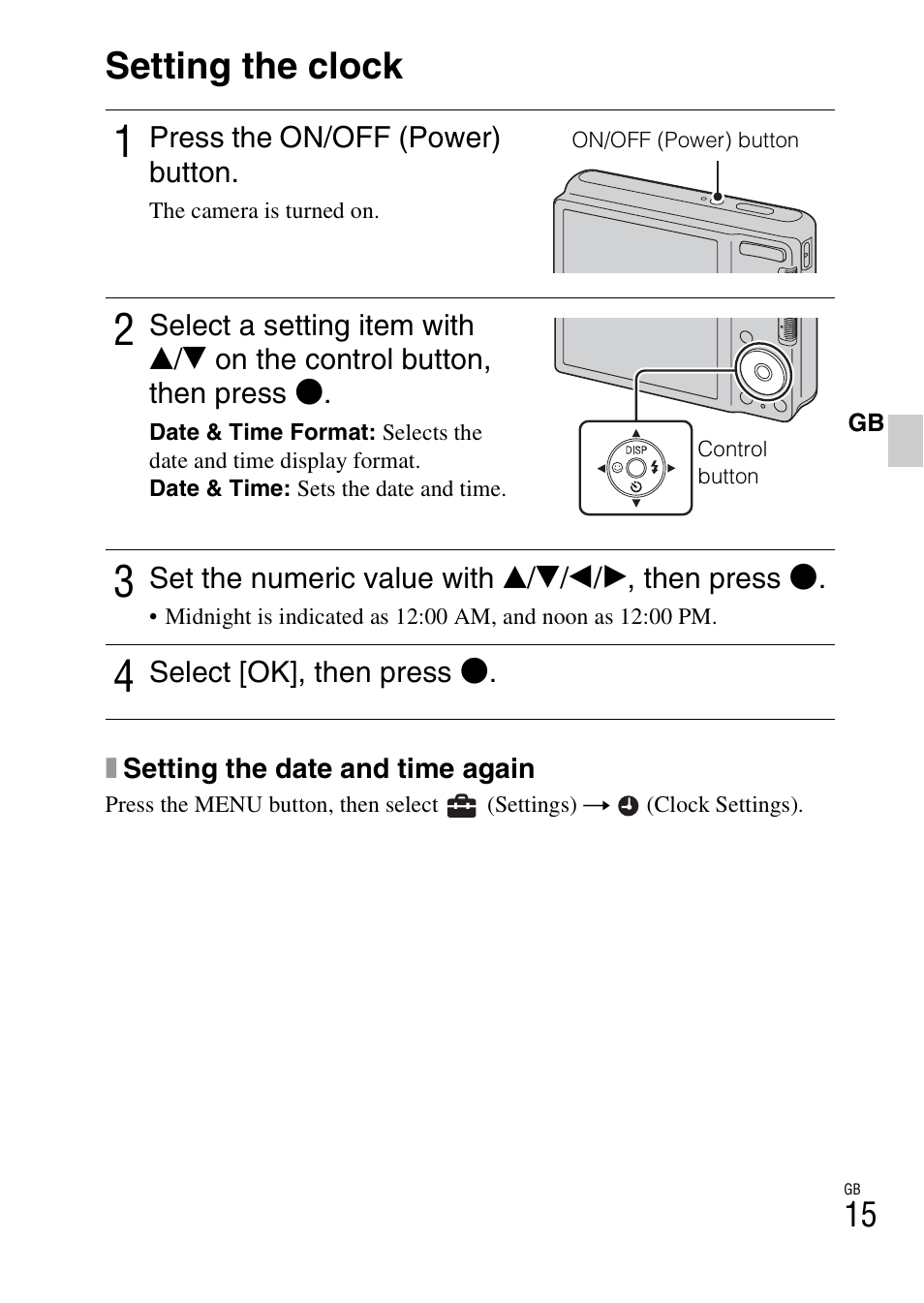 Setting the clock | Sony DSC-S2100 User Manual | Page 15 / 52