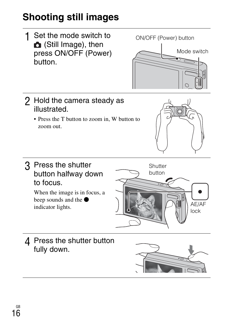Shooting still images | Sony DSC-S2100 User Manual | Page 16 / 52