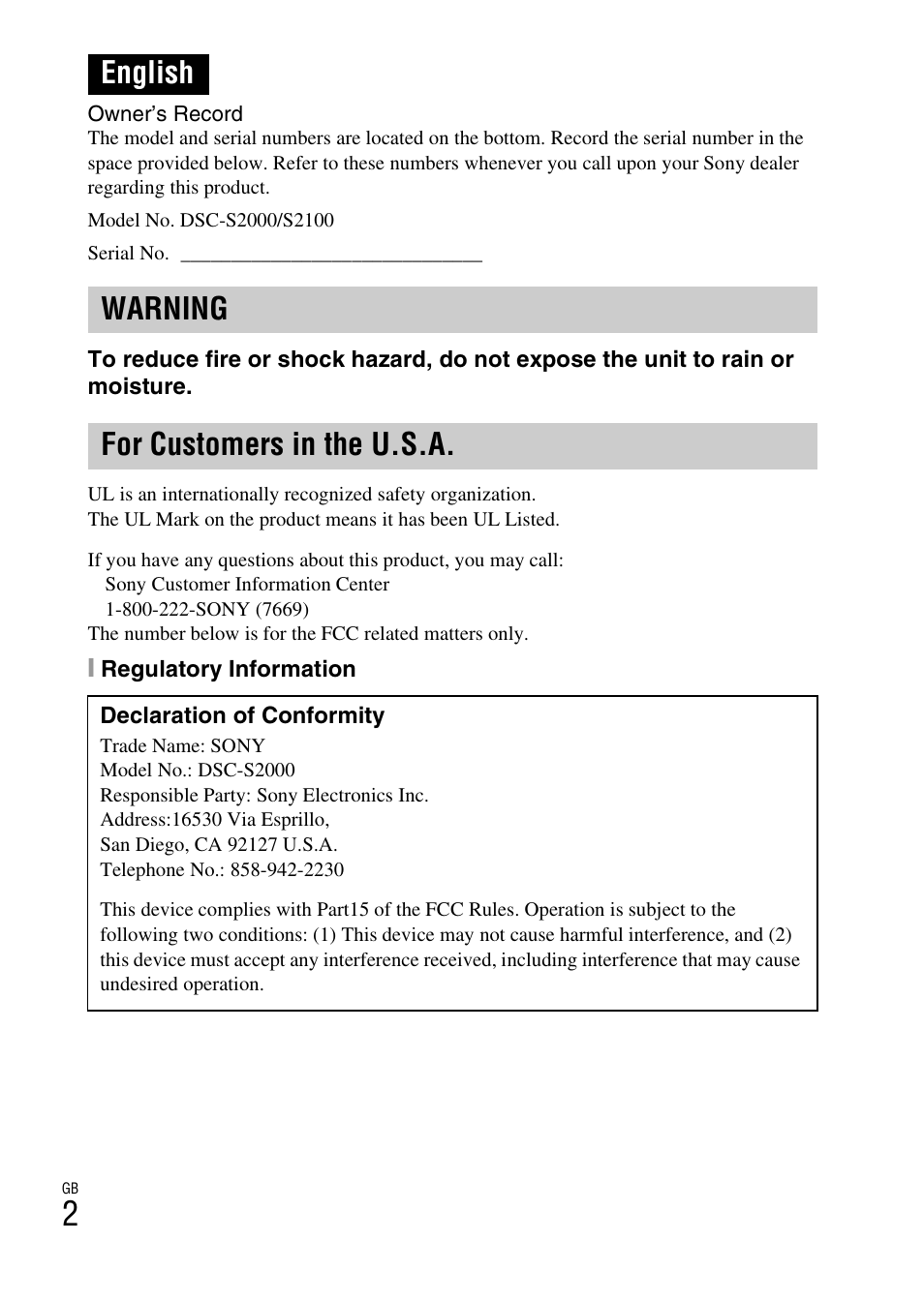 English, English warning for customers in the u.s.a | Sony DSC-S2100 User Manual | Page 2 / 52
