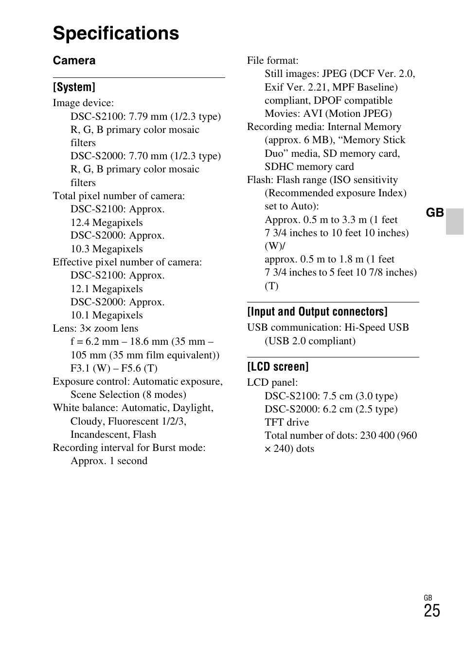 Specifications | Sony DSC-S2100 User Manual | Page 25 / 52