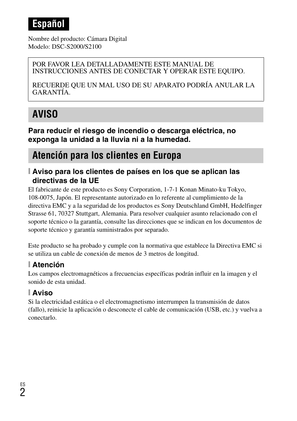 Español, Aviso atención para los clientes en europa | Sony DSC-S2100 User Manual | Page 28 / 52