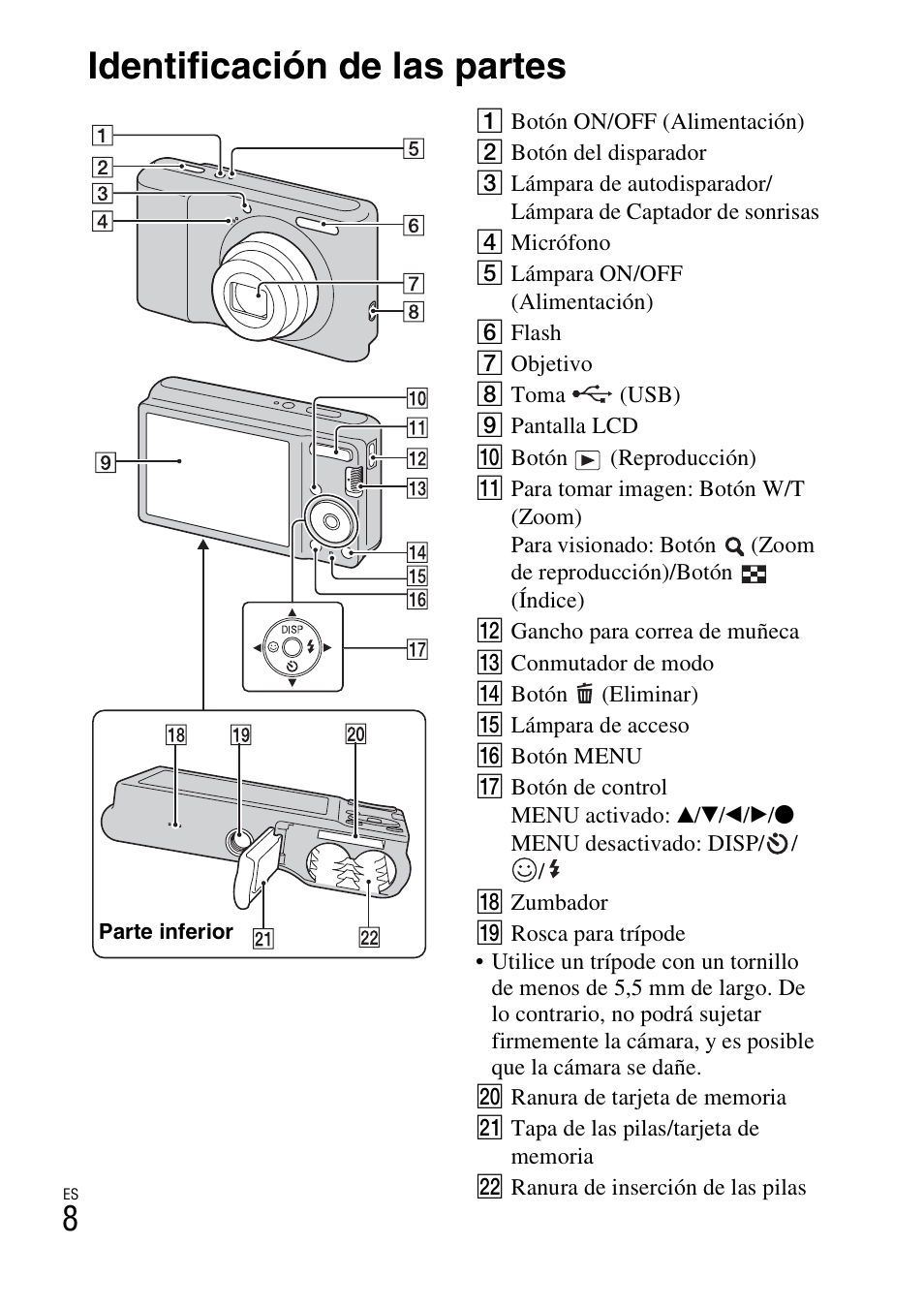 Identificación de las partes | Sony DSC-S2100 User Manual | Page 34 / 52