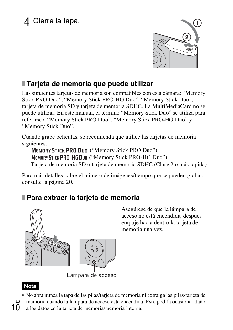 Cierre la tapa | Sony DSC-S2100 User Manual | Page 36 / 52