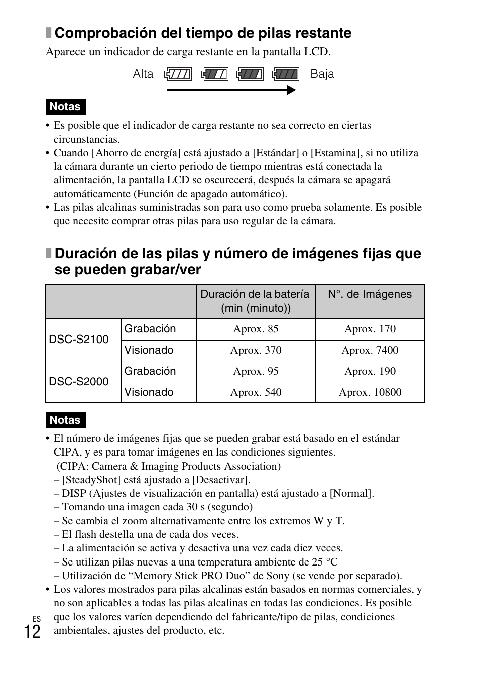 Xcomprobación del tiempo de pilas restante | Sony DSC-S2100 User Manual | Page 38 / 52