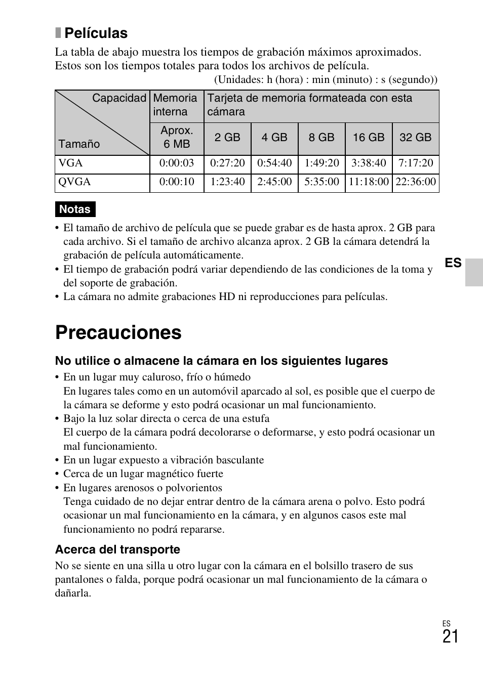 Precauciones, Xpelículas | Sony DSC-S2100 User Manual | Page 47 / 52