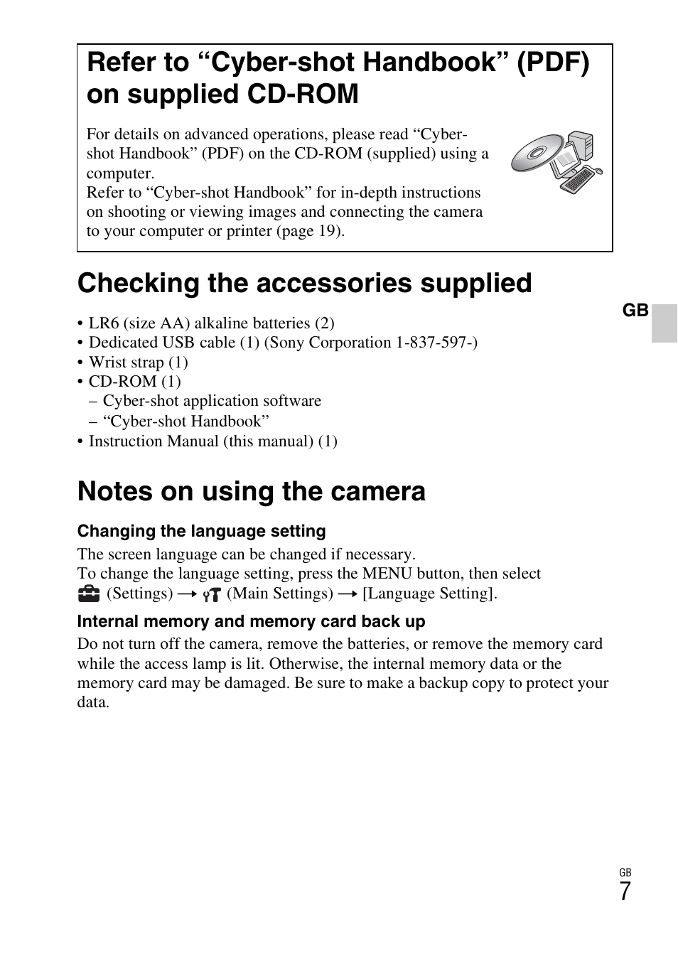 Checking the accessories supplied, Notes on using the camera | Sony DSC-S2100 User Manual | Page 7 / 52