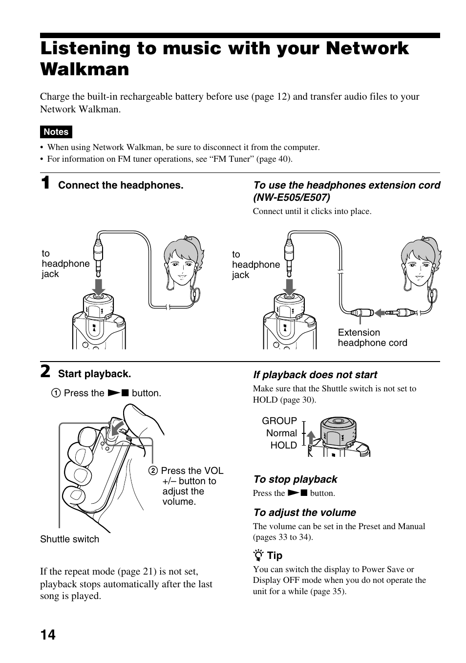 Listening to music with your network walkman, Listening to music with your network, Walkman | Sony NW-E505 User Manual | Page 14 / 59