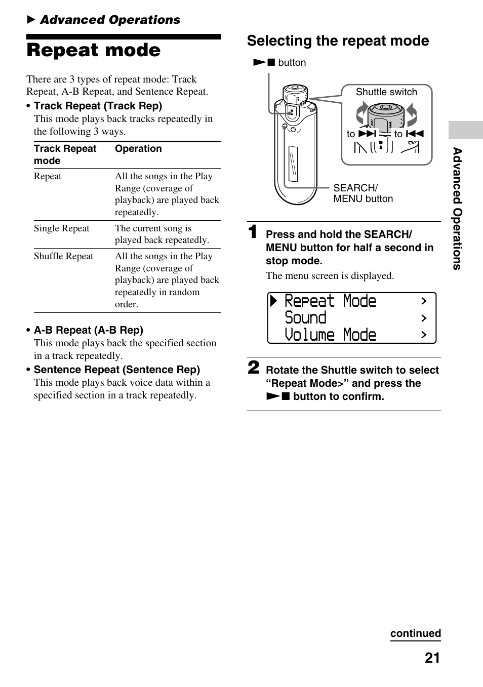 Advanced operations, Repeat mode, Selecting the repeat mode | Repeat mode sound volume mode | Sony NW-E505 User Manual | Page 21 / 59