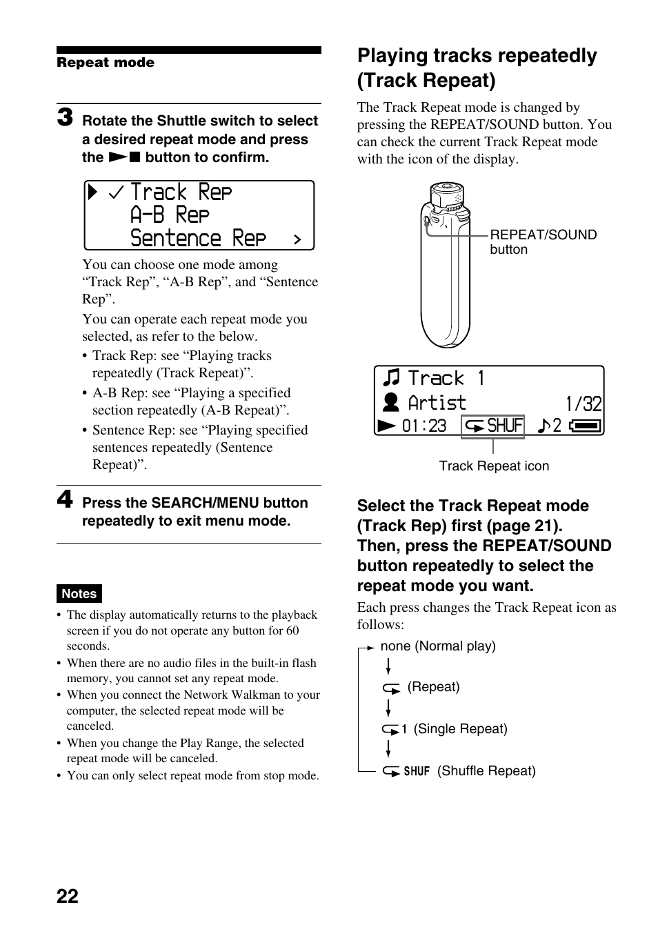 Playing tracks repeatedly (track repeat), Playing tracks repeatedly, Track repeat) | Track rep a-b rep sentence rep, Artist, Track 1, 2shuf | Sony NW-E505 User Manual | Page 22 / 59