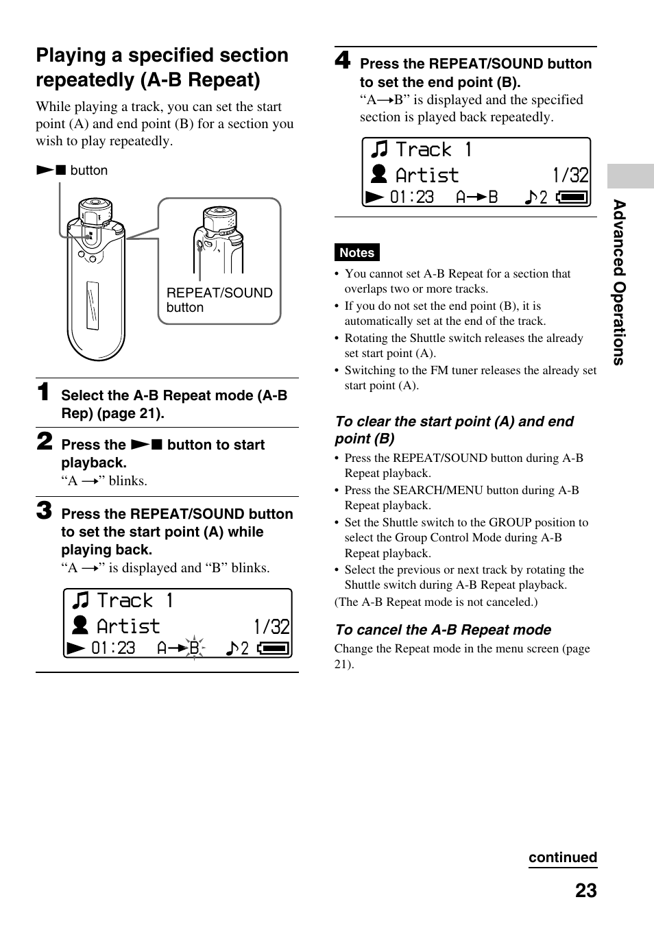 Playing a specified section repeatedly, A-b repeat), Track 1 artist | Artist, Track 1 | Sony NW-E505 User Manual | Page 23 / 59