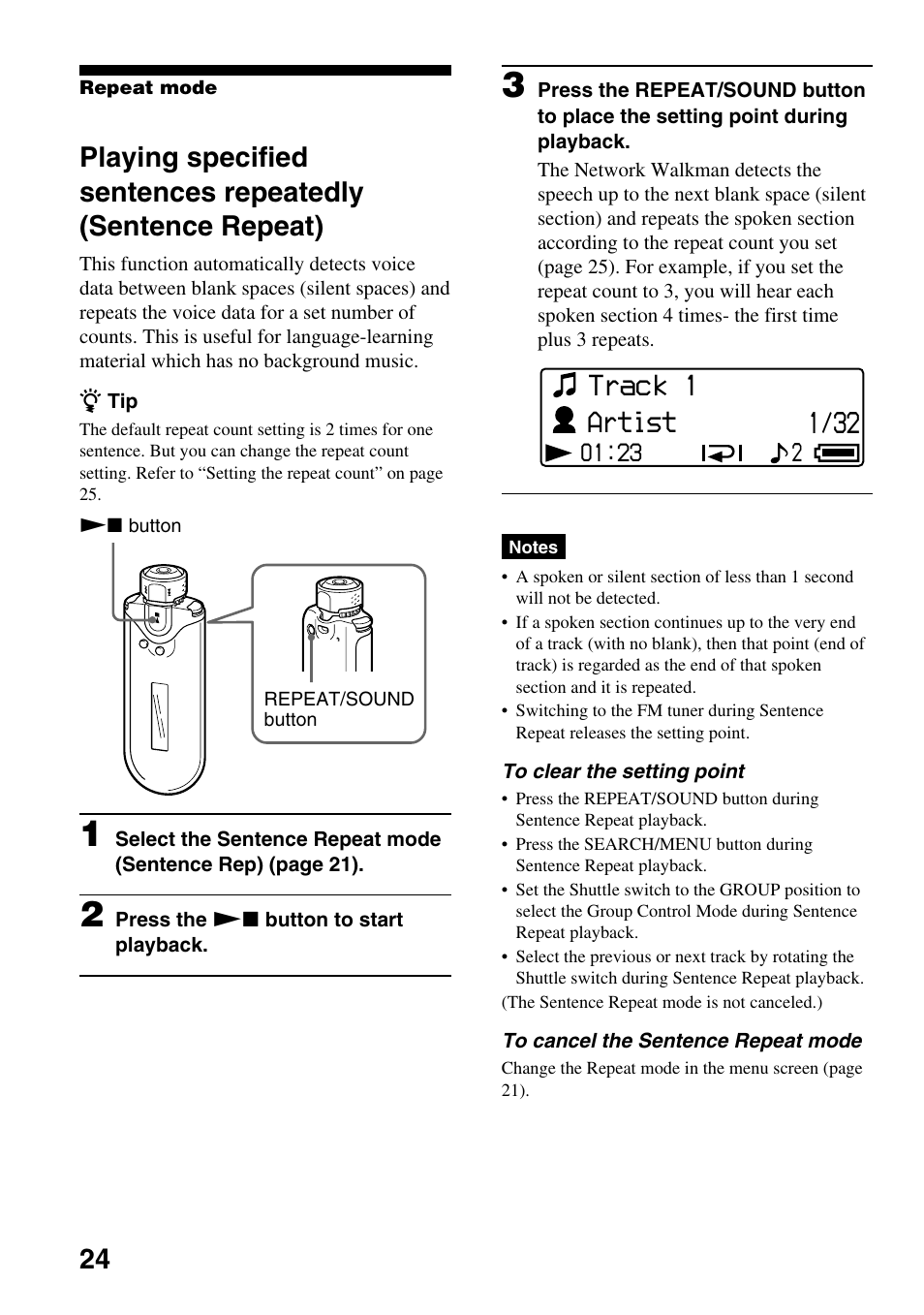 Playing specified sentences repeatedly, Sentence repeat), Artist | Track 1 | Sony NW-E505 User Manual | Page 24 / 59