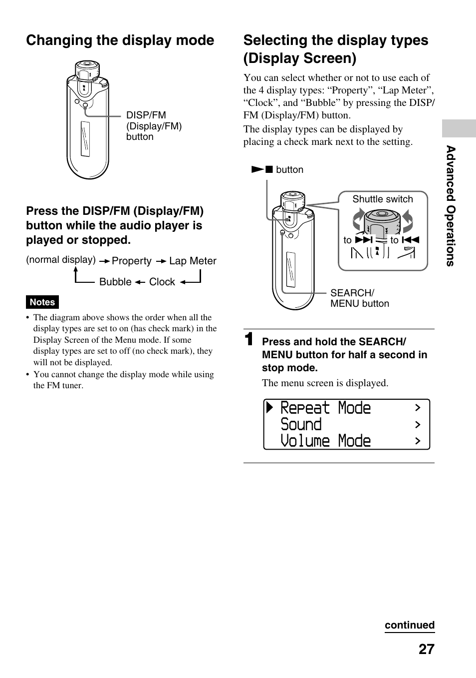 Changing the display mode, Selecting the display types (display screen), Display screen) | Repeat mode sound volume mode, 27 selecting the display types (display screen) | Sony NW-E505 User Manual | Page 27 / 59