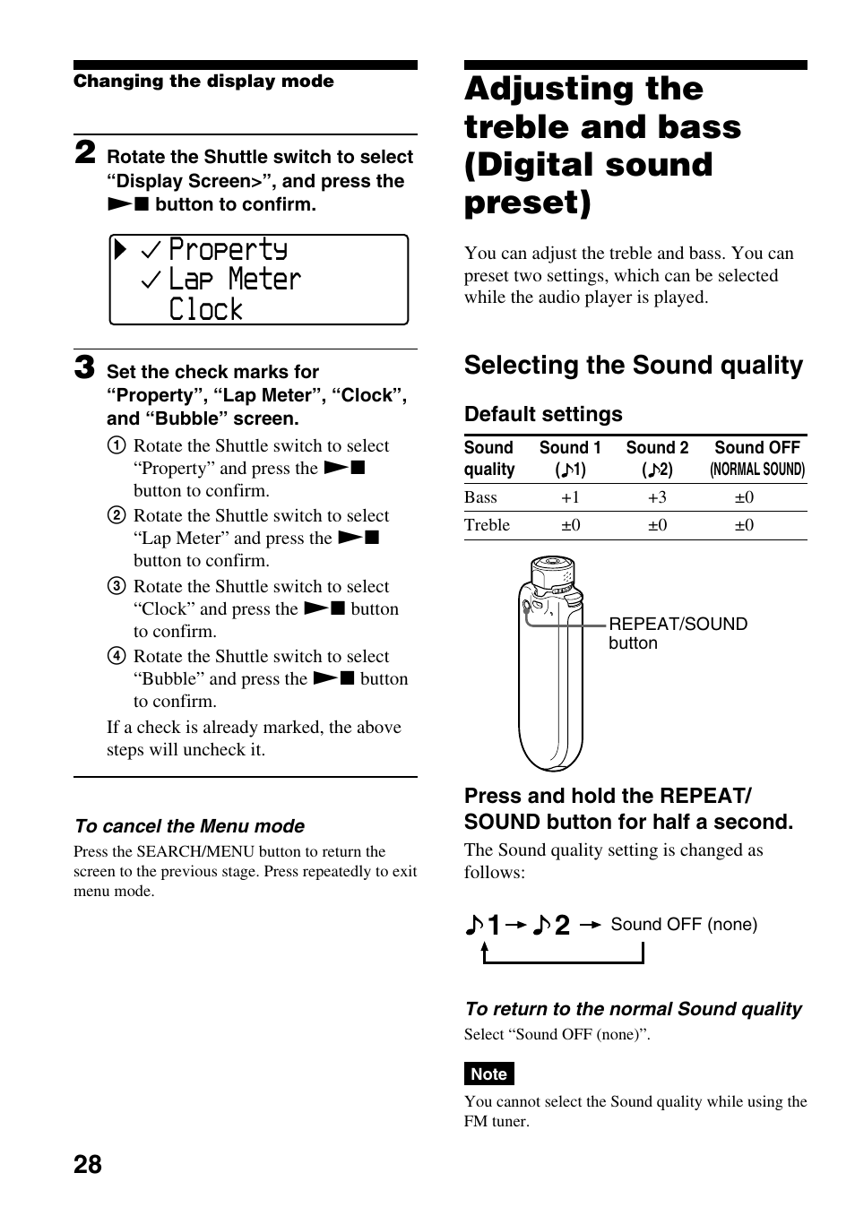 Selecting the sound quality, Adjusting the treble and bass, Digital sound preset) | 28). switch the display to power save or, Property lap meter clock | Sony NW-E505 User Manual | Page 28 / 59