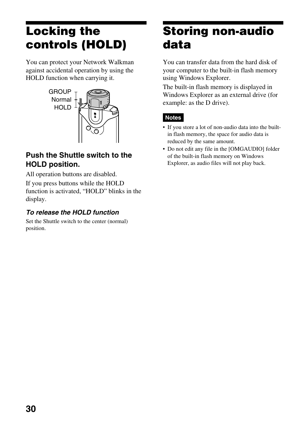 Locking the controls (hold), Storing non-audio data, Locking the controls (hold) storing non-audio data | Sony NW-E505 User Manual | Page 30 / 59