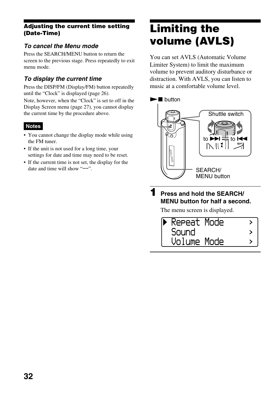 Limiting the volume (avls), Repeat mode sound volume mode | Sony NW-E505 User Manual | Page 32 / 59