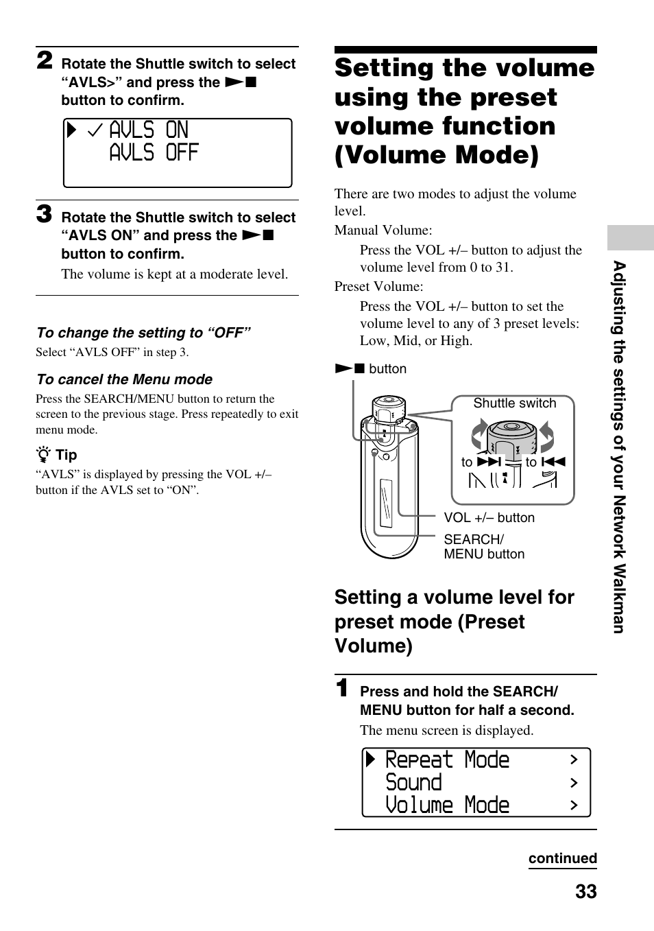 Setting the volume using the preset, Volume function (volume mode), Setting a volume level for preset mode | Preset volume), Avls on avls off, Repeat mode sound volume mode | Sony NW-E505 User Manual | Page 33 / 59