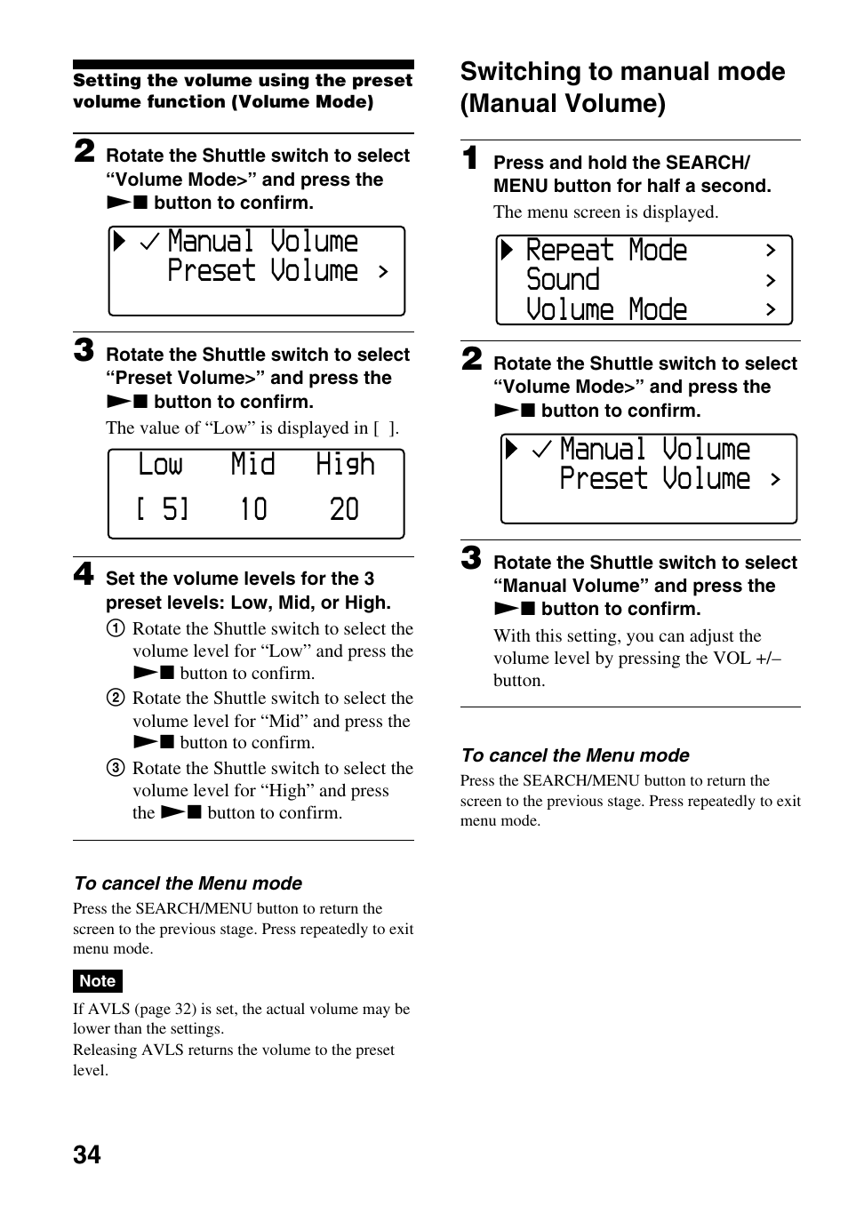 Switching to manual mode (manual volume), Switching to manual mode, Manual volume) | Manual volume preset volume, Repeat mode sound volume mode | Sony NW-E505 User Manual | Page 34 / 59