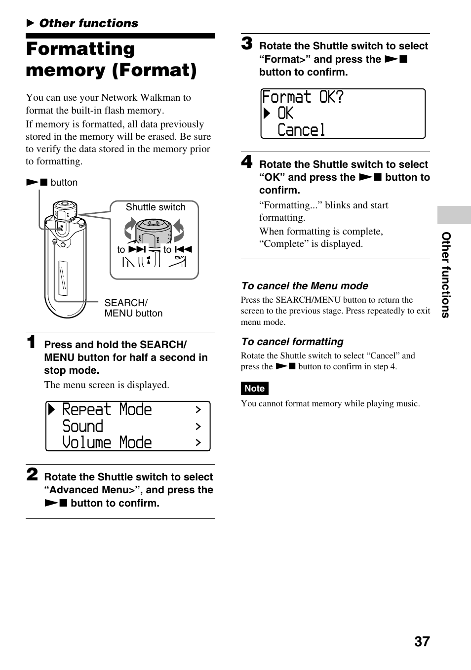 Other functions, Formatting memory (format), Repeat mode sound volume mode | Format ok? ok cancel | Sony NW-E505 User Manual | Page 37 / 59