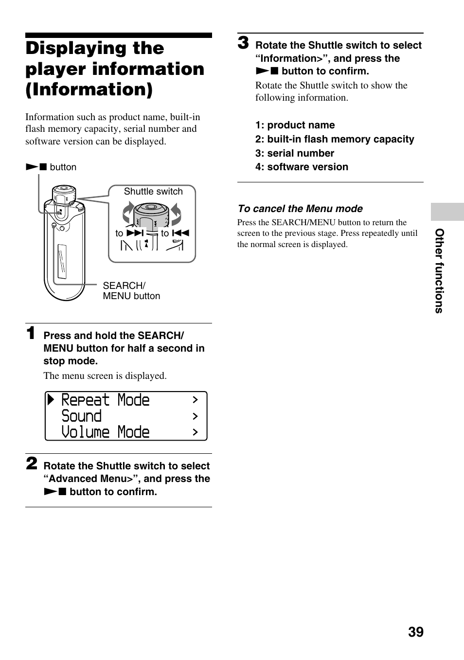 Displaying the player information (information), Displaying the player information, Information) | Repeat mode sound volume mode | Sony NW-E505 User Manual | Page 39 / 59