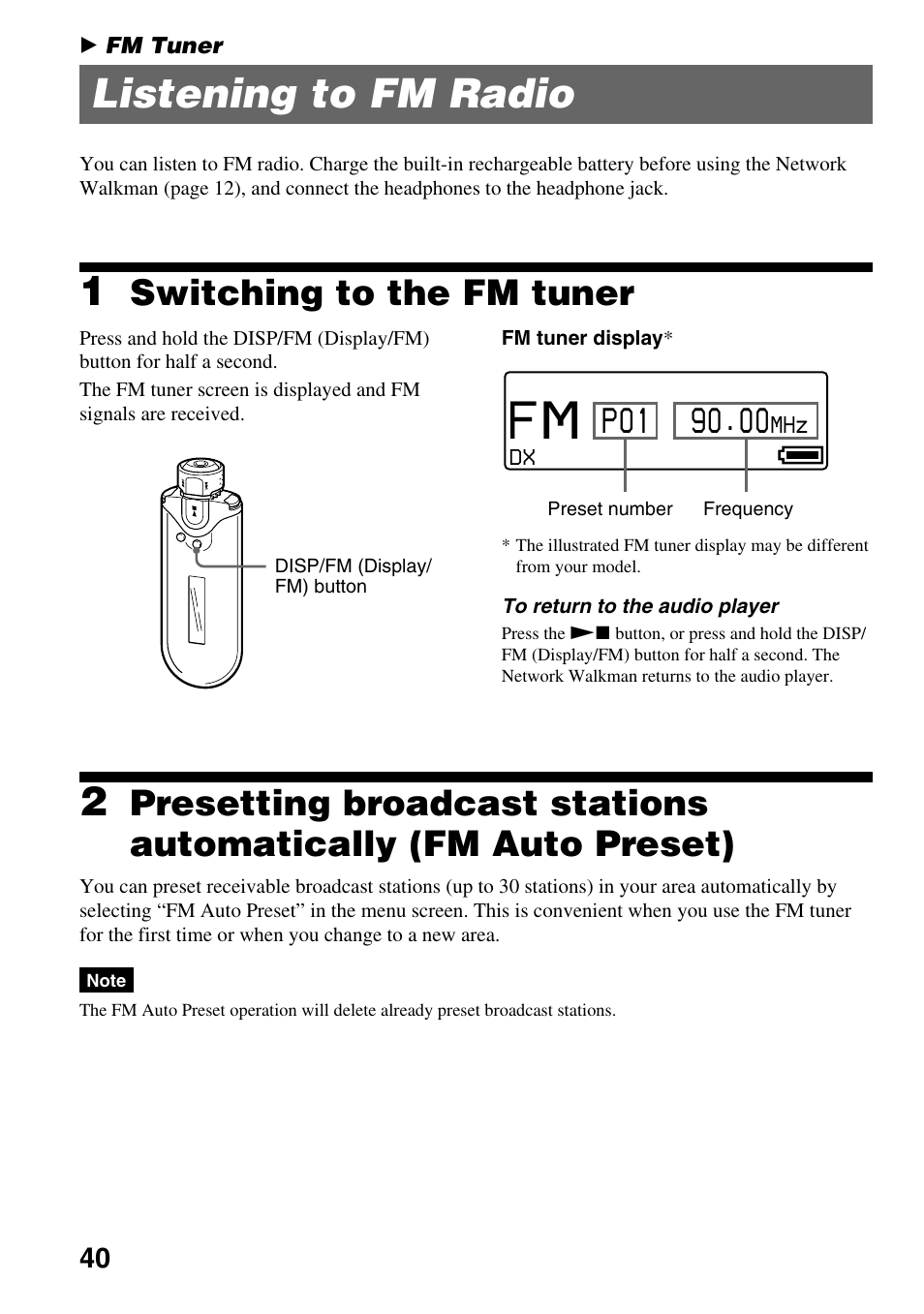 Fm tuner, Listening to fm radio, Switching to the fm tuner | Automatically (fm auto preset) | Sony NW-E505 User Manual | Page 40 / 59