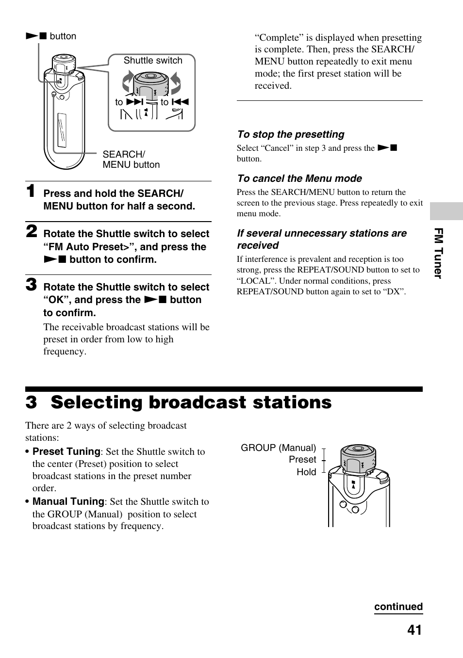 Selecting broadcast stations, 3 selecting broadcast stations | Sony NW-E505 User Manual | Page 41 / 59