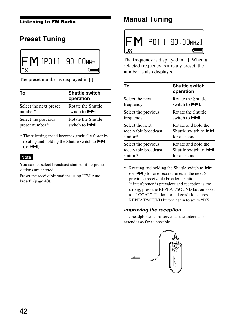Preset tuning, Manual tuning, Preset tuning manual tuning | 42 preset tuning | Sony NW-E505 User Manual | Page 42 / 59