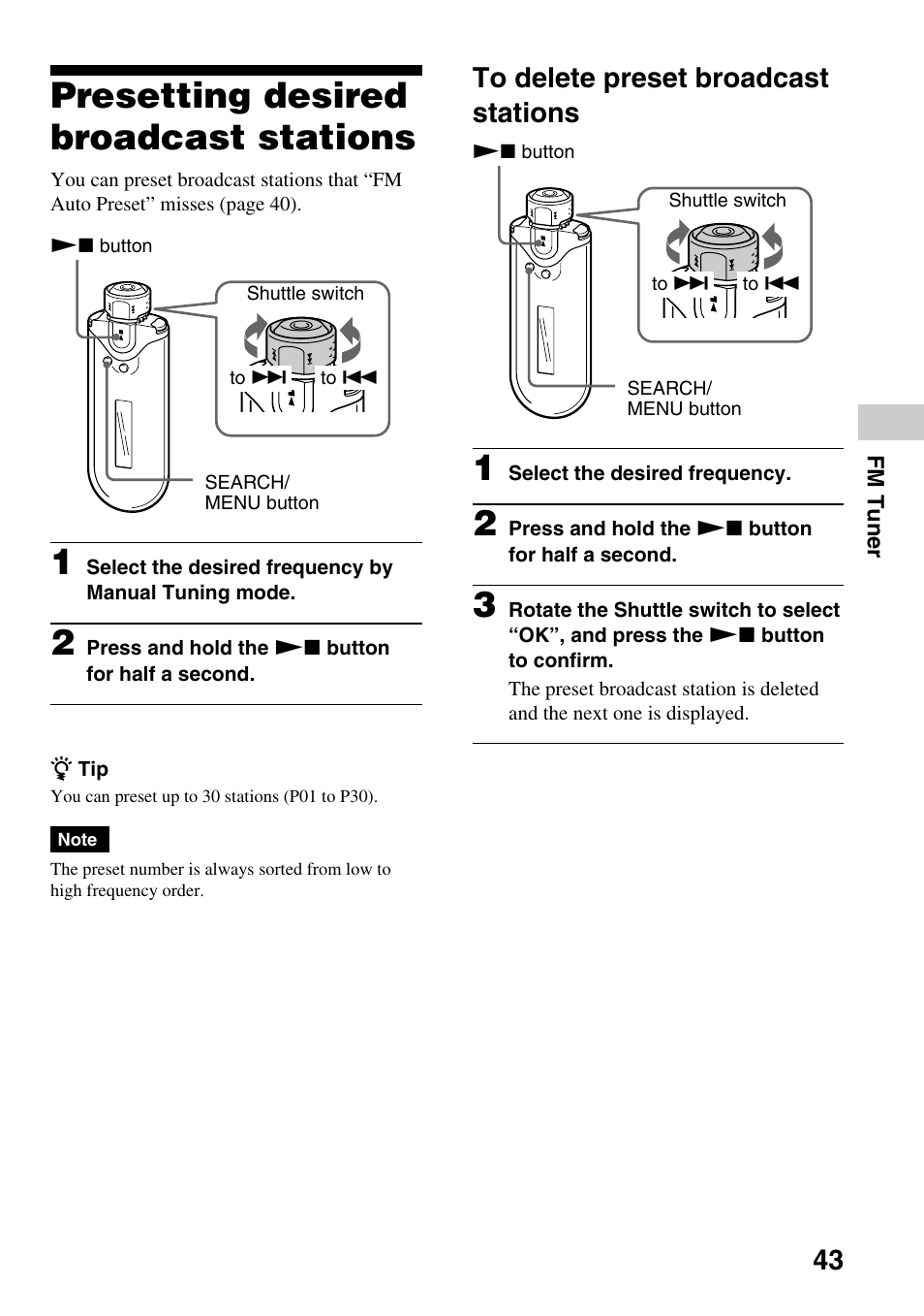 Presetting desired broadcast stations, To delete preset broadcast stations | Sony NW-E505 User Manual | Page 43 / 59