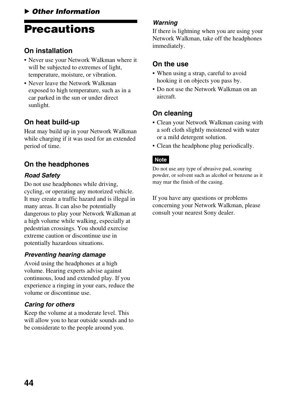 Other information, Precautions | Sony NW-E505 User Manual | Page 44 / 59