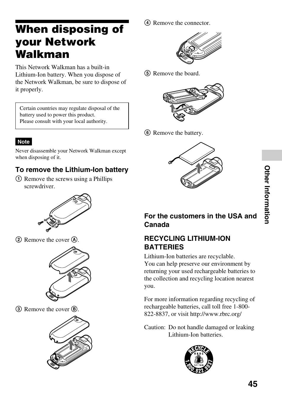 When disposing of your network walkman, When disposing of your network, Walkman | Sony NW-E505 User Manual | Page 45 / 59