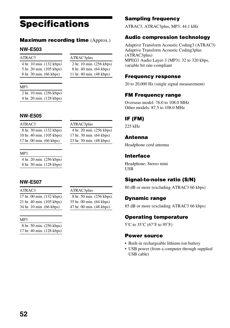 Specifications | Sony NW-E505 User Manual | Page 52 / 59