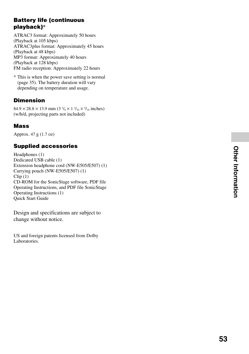 Other information, Battery life (continuous playback), Dimension | Mass, Supplied accessories | Sony NW-E505 User Manual | Page 53 / 59