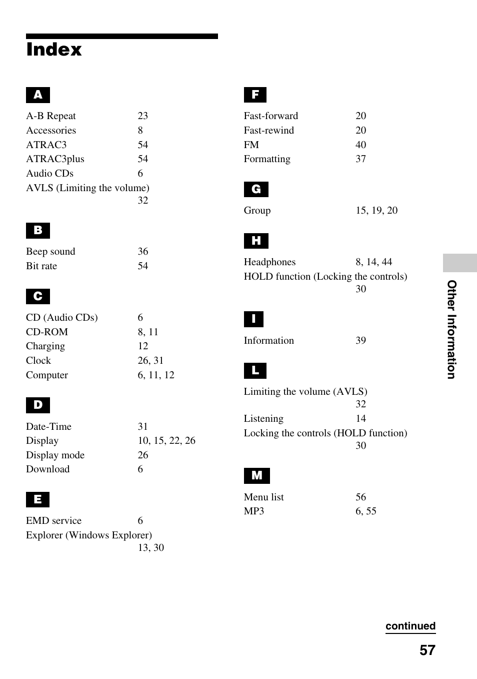 Index | Sony NW-E505 User Manual | Page 57 / 59
