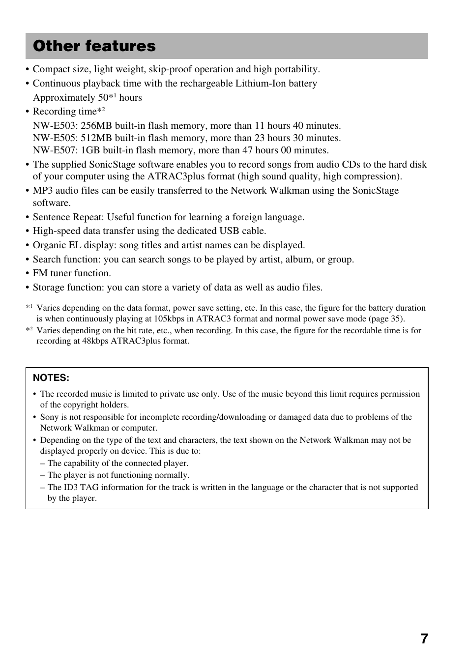 Other features | Sony NW-E505 User Manual | Page 7 / 59