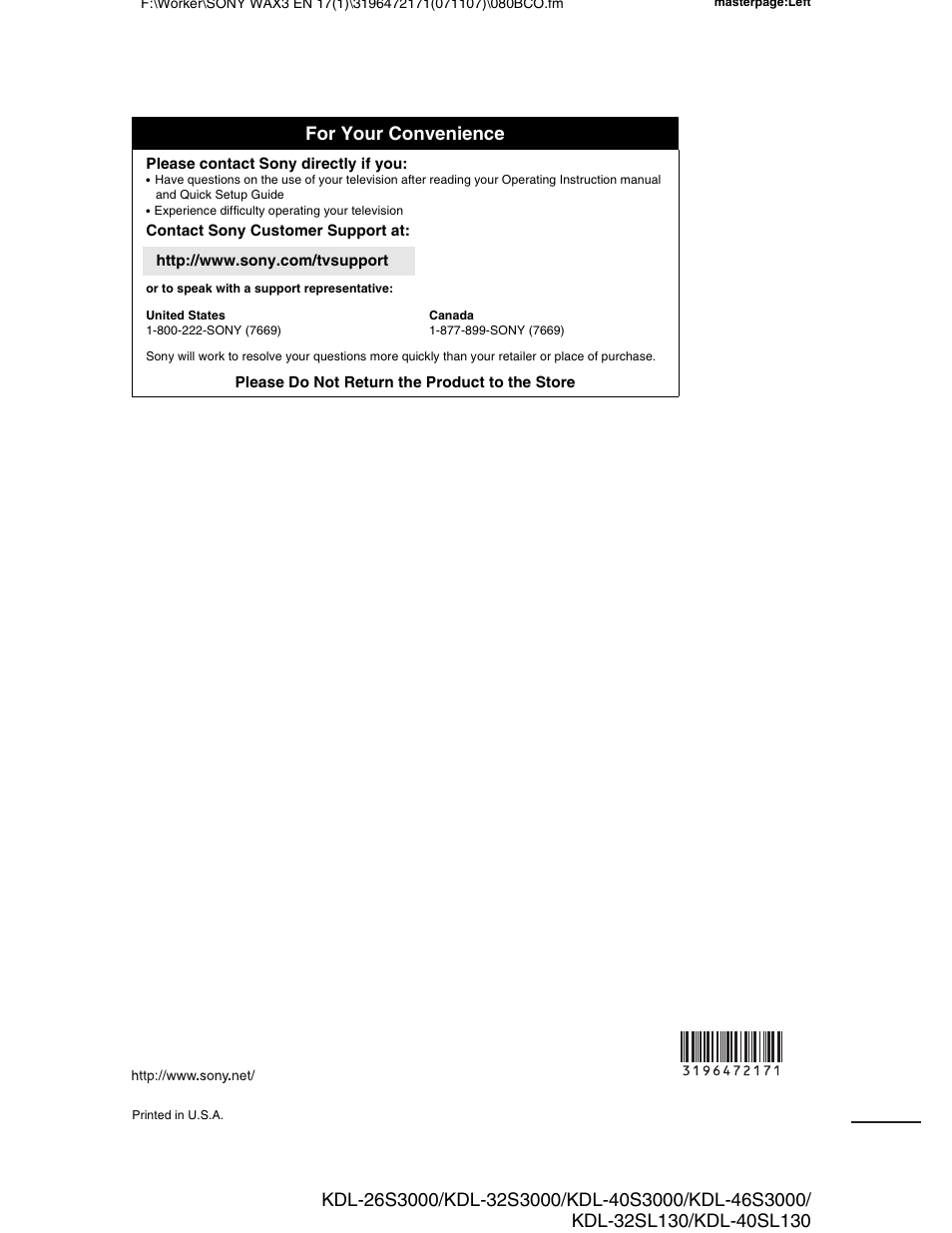 For your convenience | Sony KDL-40SL130 User Manual | Page 48 / 48
