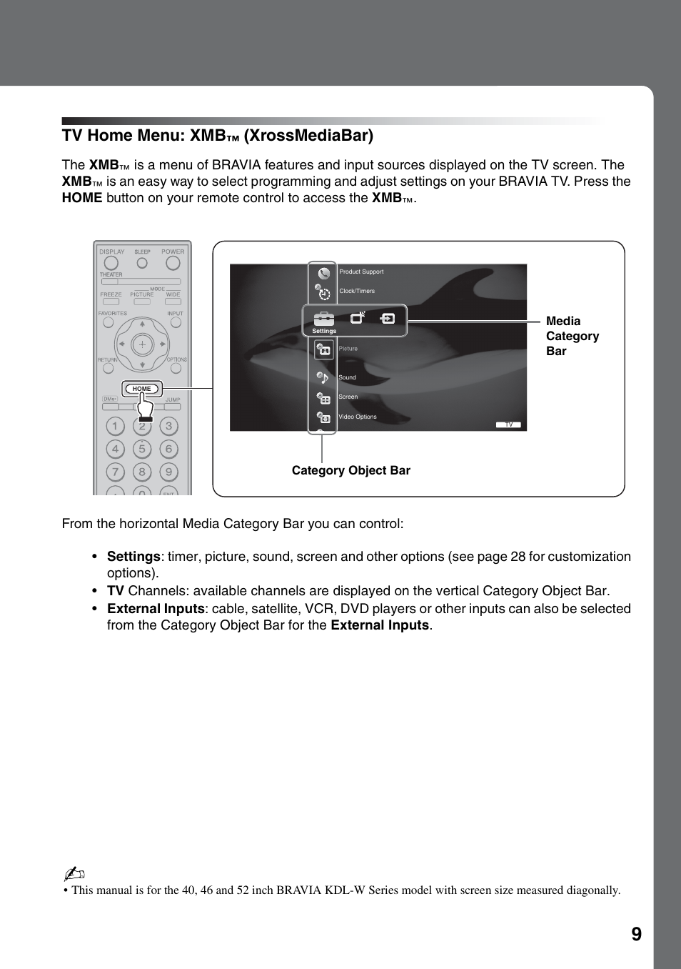 Tv home menu: xmb™ (xrossmediabar), Tv home menu: xmb, Xrossmediabar) | Sony KDL-40WL135 User Manual | Page 9 / 52