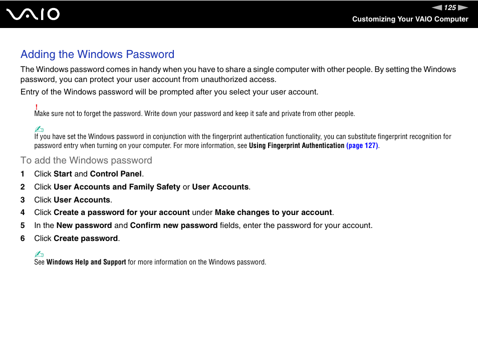 Adding the windows password | Sony VGN-BX740 User Manual | Page 125 / 231